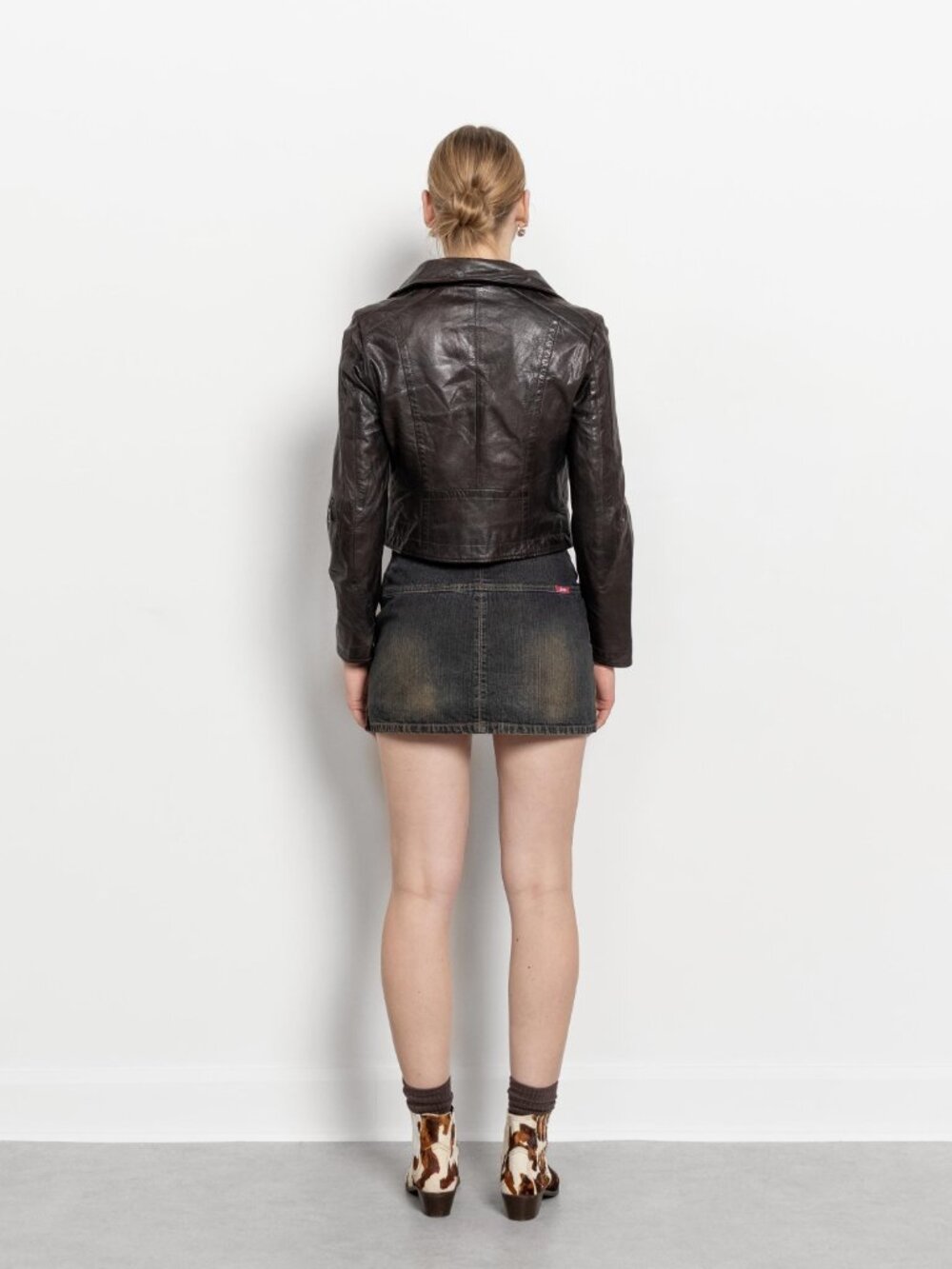 BROWN LEATHER JACKET Vintage Zip Up Coat Woman 2000's Y2K Motorcycle / Small - Picture 5 of 10